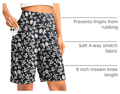 G Gradual Women's Bermuda Long Shorts with Pockets 9" High Waisted Knee Length Shorts for Women Walking Athletic Workout(White Flower,XXXL)