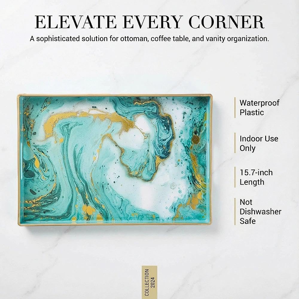 Zosenley Decorative Tray, Marbling Plastic Tray with Handles, Rectangular Vanity Tray and Serving Tray for Bathroom, Kitchen, Ottoman and Coffee Table, 15.6" x 10.2" (Golden Blue)