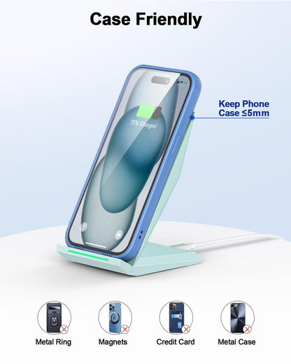Fast Wireless Charger, NANAMI 15W Qi Certified Wireless Charging Stand Compatible iPhone 17/17 Air/16/15/15 Pro/15 Plus/15 Pro Max/14/13/12, for Samsung Galaxy S25/S24/S23/S22/S21 and Qi-Enabled Phone