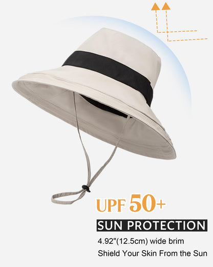 Senker Fashion Sun Hats for Women UV Protection, Waterproof Ponytail Wide Brim Bucket Hat for Summer Beach Gardening Travel Beige