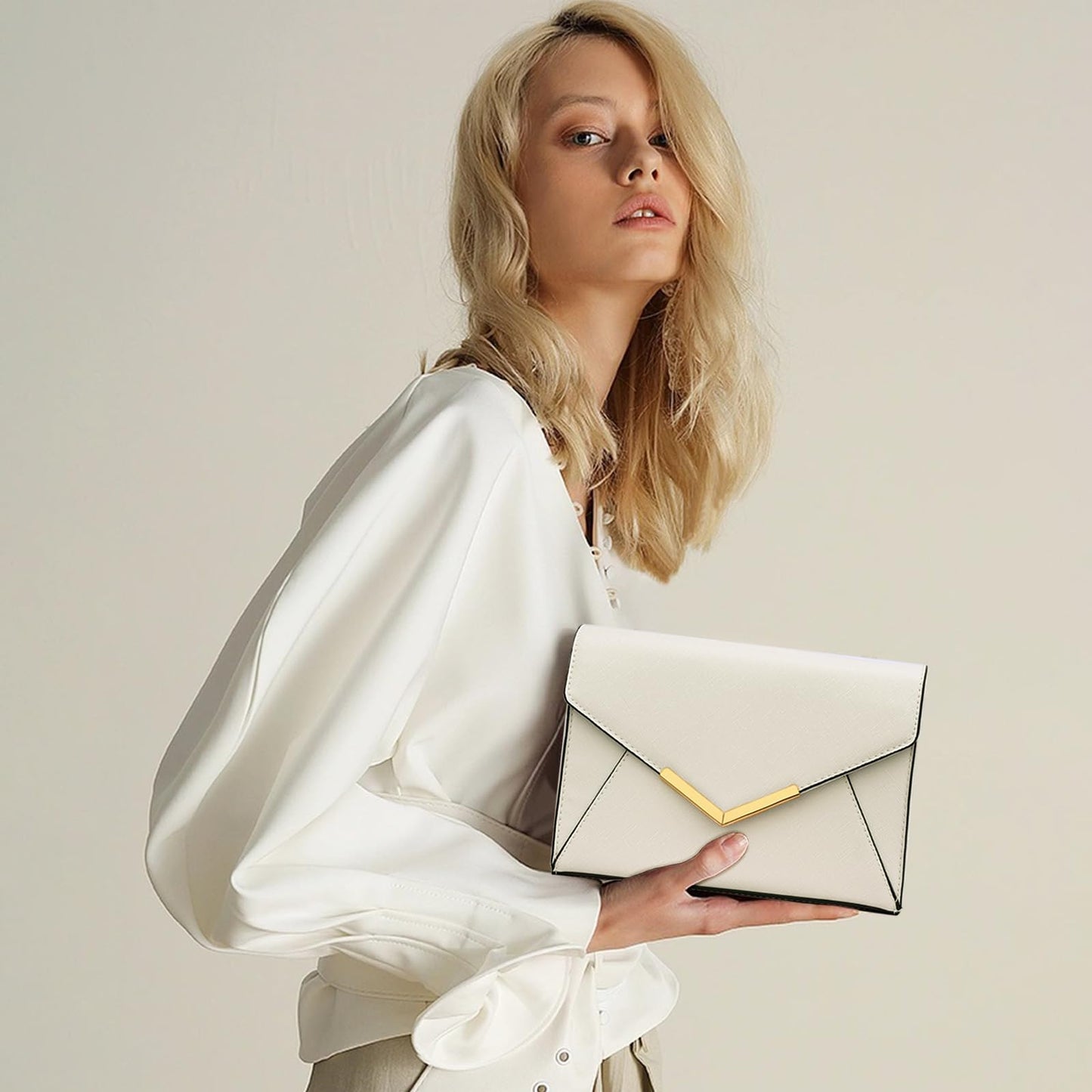 KKXIU Women Elegant Faux Leather Evening Envelope Clutch Purse Foldover Bags for Party Wedding Prom (A-Beige)
