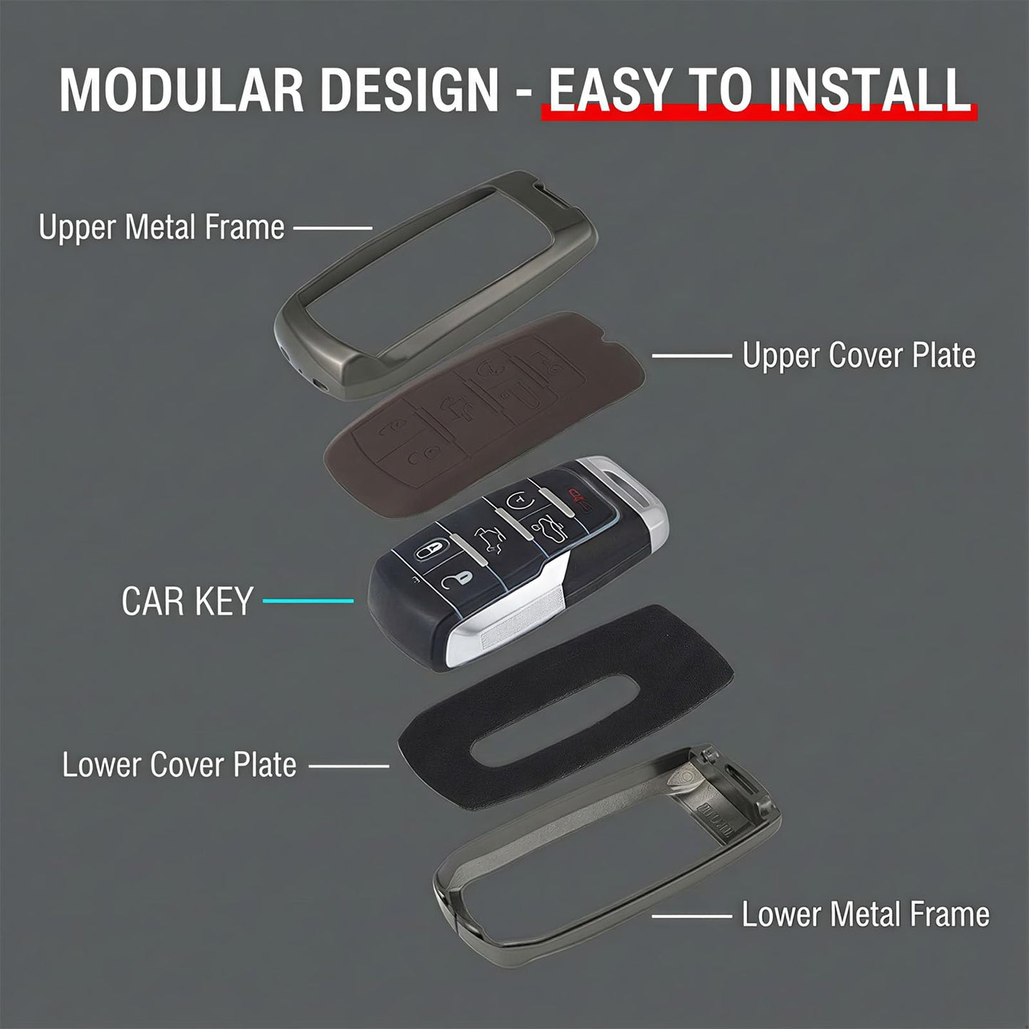 Zinc Alloy Car Key Fob Cover Compatible with 2019-2025 RAM 1500 2500 3500, Metal & Leather Remote Key Case Protector, Full Coverage Hard Shell Holder with Keychain Accessories (B-4-btns-Brown)