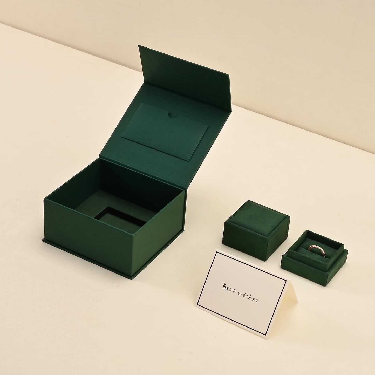 Woodten High-end Faux Leather Jewelry Gift Box with Small Ring Box Greeting Card Small Proposal Engagement Ring Box(Green)
