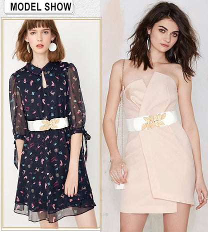 Women's Stretchy Belt for Dress Vintage Wide Gold/silver Leaf Buckle Waist Belts for women Elastic Waistband