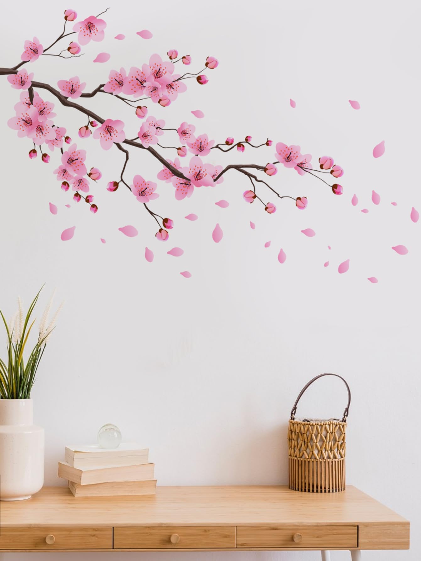 Cherry Blossom Wall Decals, Large Pink Floral Tree Branch with Birds Butterflies, Peel and Stick Removable Vinyl Wall Stickers for Living Room Bedroom Home Decor