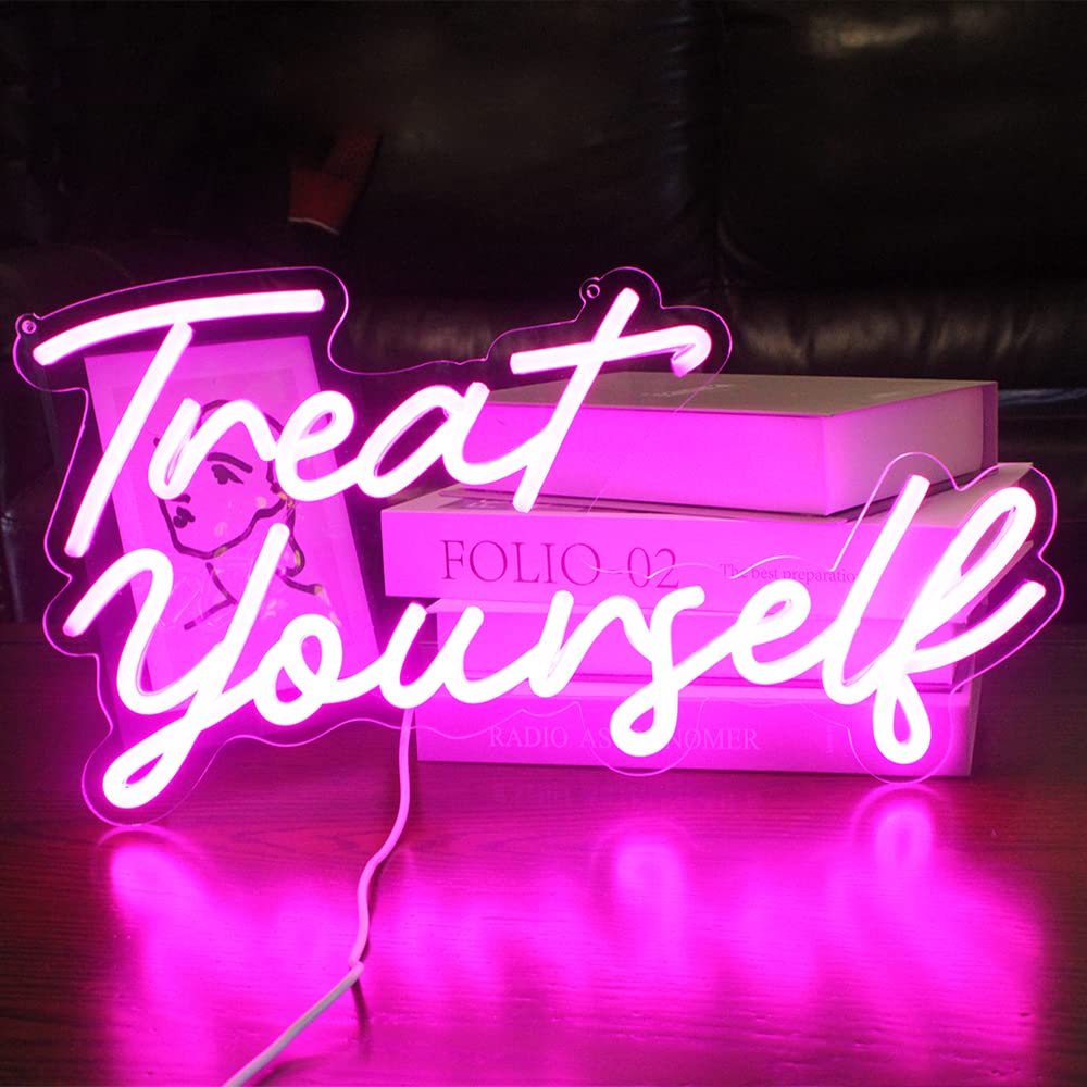 Treat Yourslef Neon Signs Pink LED Letter Neon Light Sign USB Power for Wall Decor Bedroom Wall Birthday Party Christmas Wedding Decoration(16.5 * 8.7)