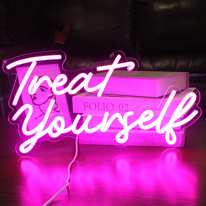 Treat Yourslef Neon Signs Pink LED Letter Neon Light Sign USB Power for Wall Decor Bedroom Wall Birthday Party Christmas Wedding Decoration(16.5 * 8.7)