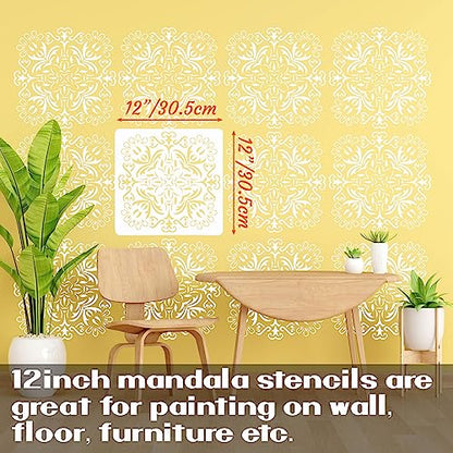 Wall Stencils for Painting Large Pattern, 9Pcs 12 Inch Mandala Stencils for Crafts on Wall Wood Furniture Floor Tile, Plastic Reusable Stencils for Home Decor and Other DIY Projects