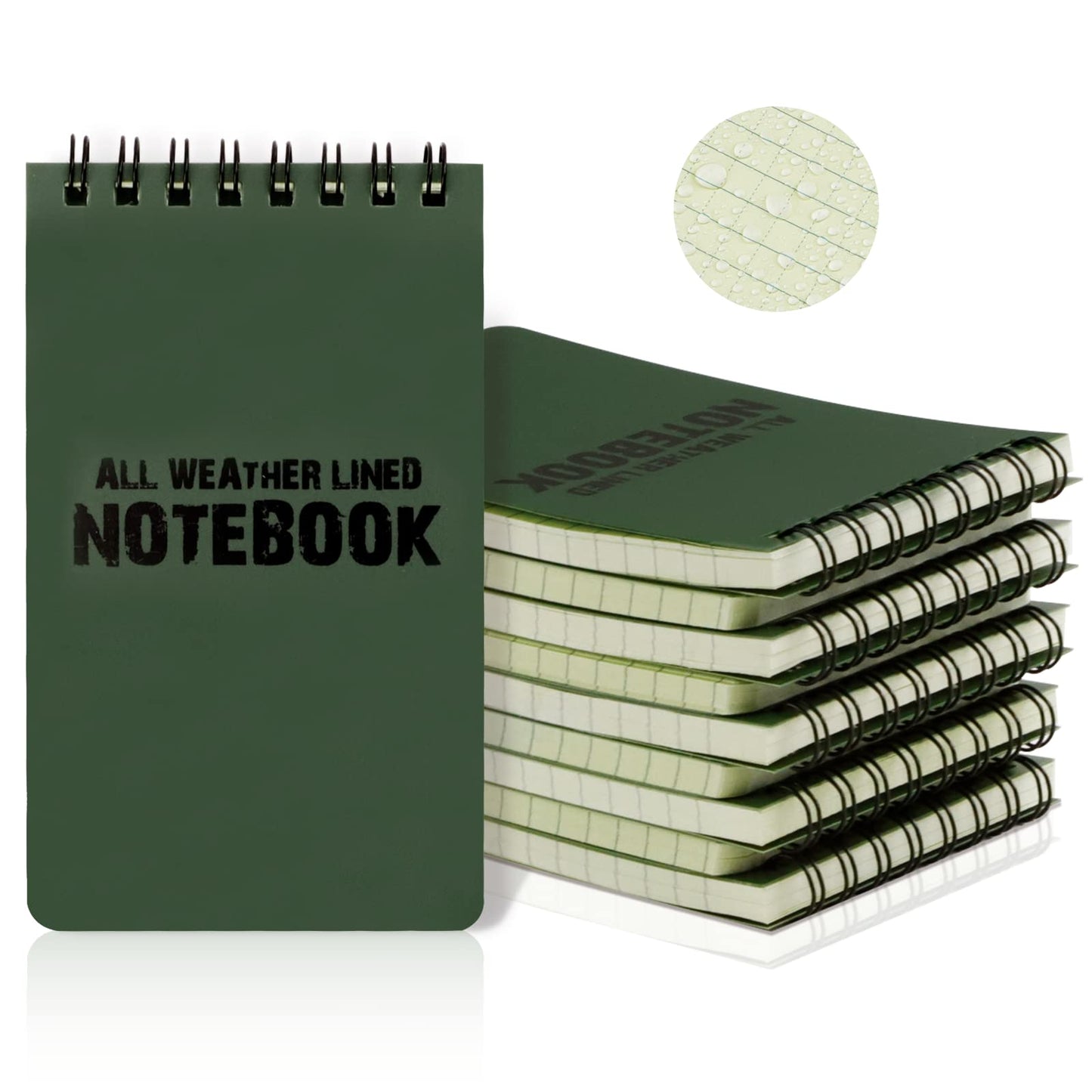 RETON 10 Pack Waterproof Notebook, 3 x 5 Inches Waterproof Pocket Notepad, All-Weather Top Spiral Memo Steno Pads with Grid, Write in the Rain Notebook for Outdoor Activity Recording (Army Green)