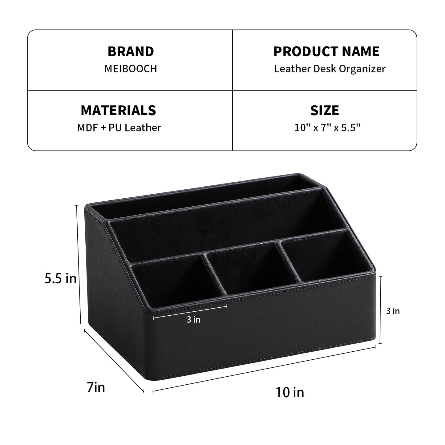 MEIBOOCH PU Leather Desk Organizer, Luxury Remote Control Holder for Home, Office Desk Accessories Table Caddy Bedside Nightstand Organizer (Black)