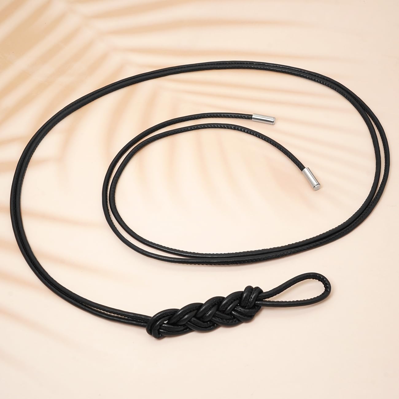 BAOKELAN Women Knot Thin Belts Skinny PU Leather Belts Boho Waist Belt for Dresses Black 130CM