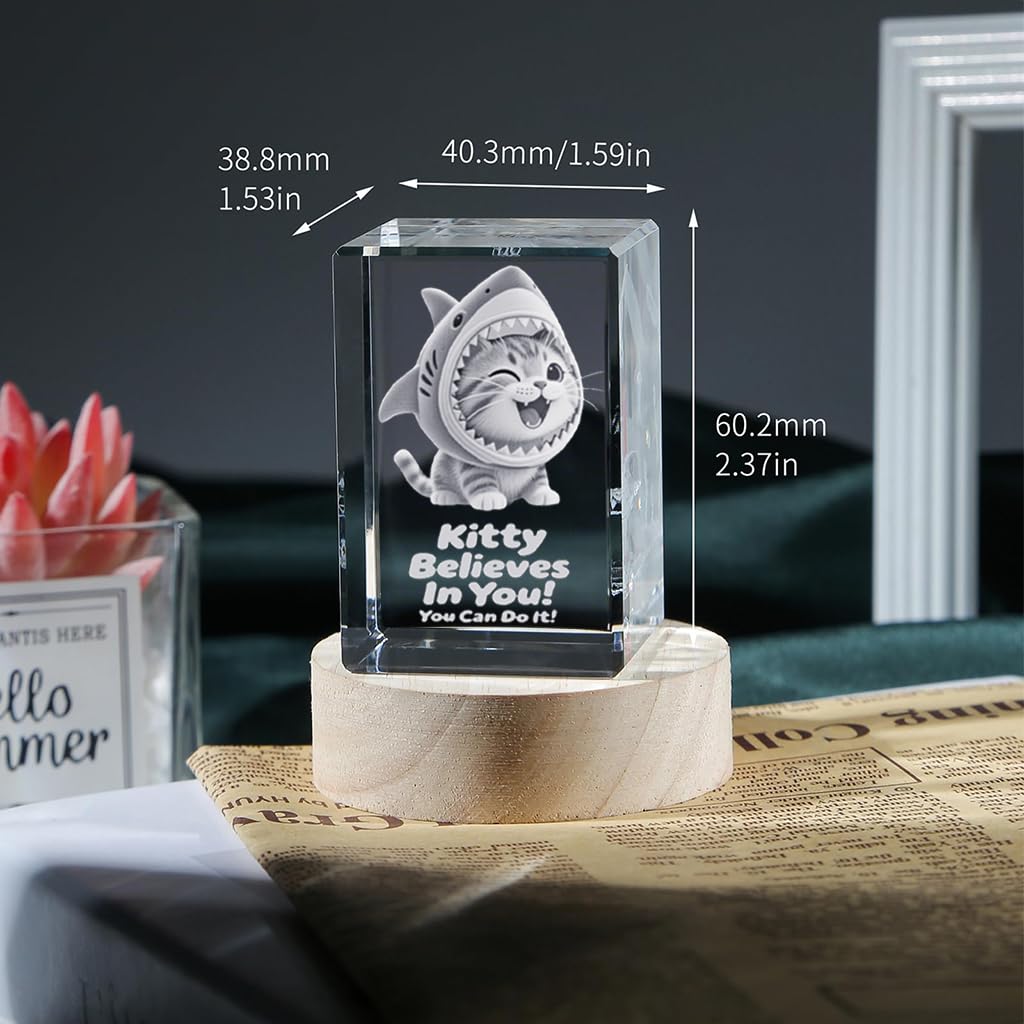 YouerCrystal 3D 60mm Crystal Shark Cat Night Light Decor, Positive Inspirational Birthday Gifts for Women Girlfriend Her Friend Coworker Emotional Support Xmas Gifts, Cat Lamp with Wooden Base ﻿