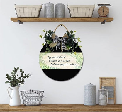 Embrace Your Blessings Front Door Sign Funny Wreaths Hanging Wooden Plaque Decoration Round Rustic Wood Farmhouse Porch Decor for Home Front Door Decor, 12 x 12 Inch