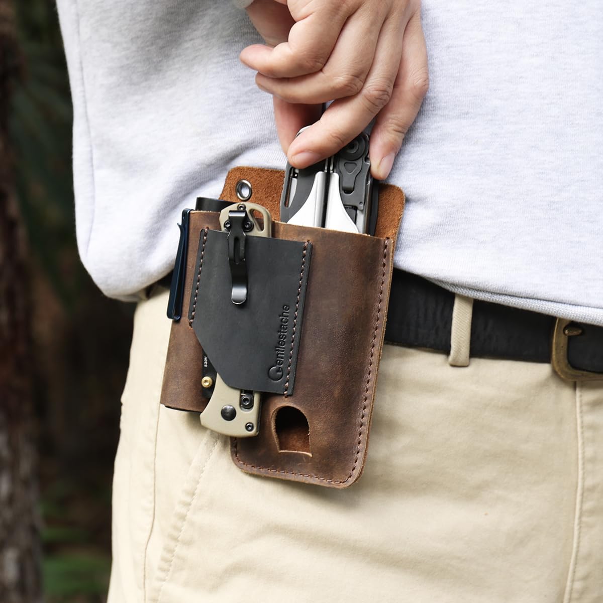 Gentlestache Leather Multitool Sheath - Leather Multi Tool Holster for Belt - Multitool Holder - Multitool Pouch for Leatherman Tool, Flashlight, Pen, Belt Clip EDC Belt Organizer Darkbrown