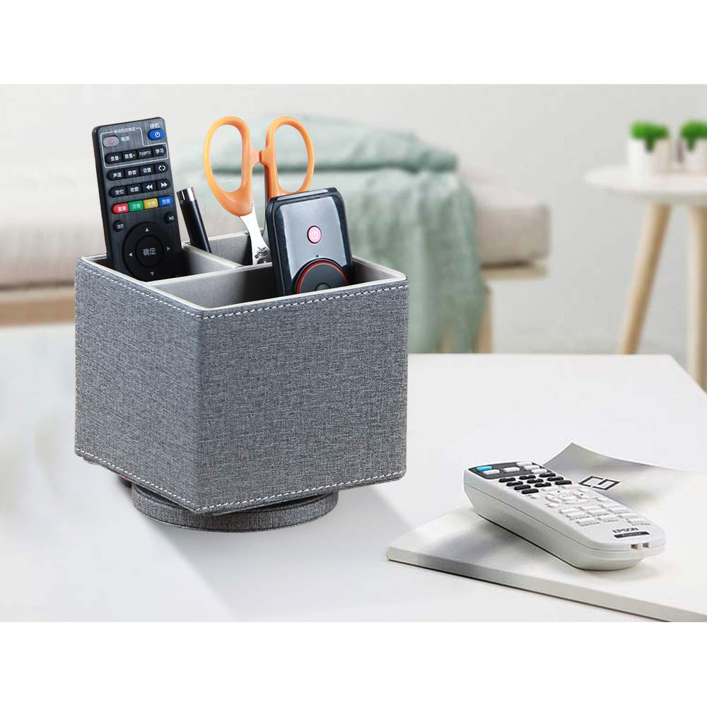 YAPISHI Remote Control Holder, 360° Swivel TV Remote Holder for Table, PU Leather Remotes Caddy, Nightstand Organizer for Media Controllers/Makeup/Office Supplies, Bedside Decorations for Living Room