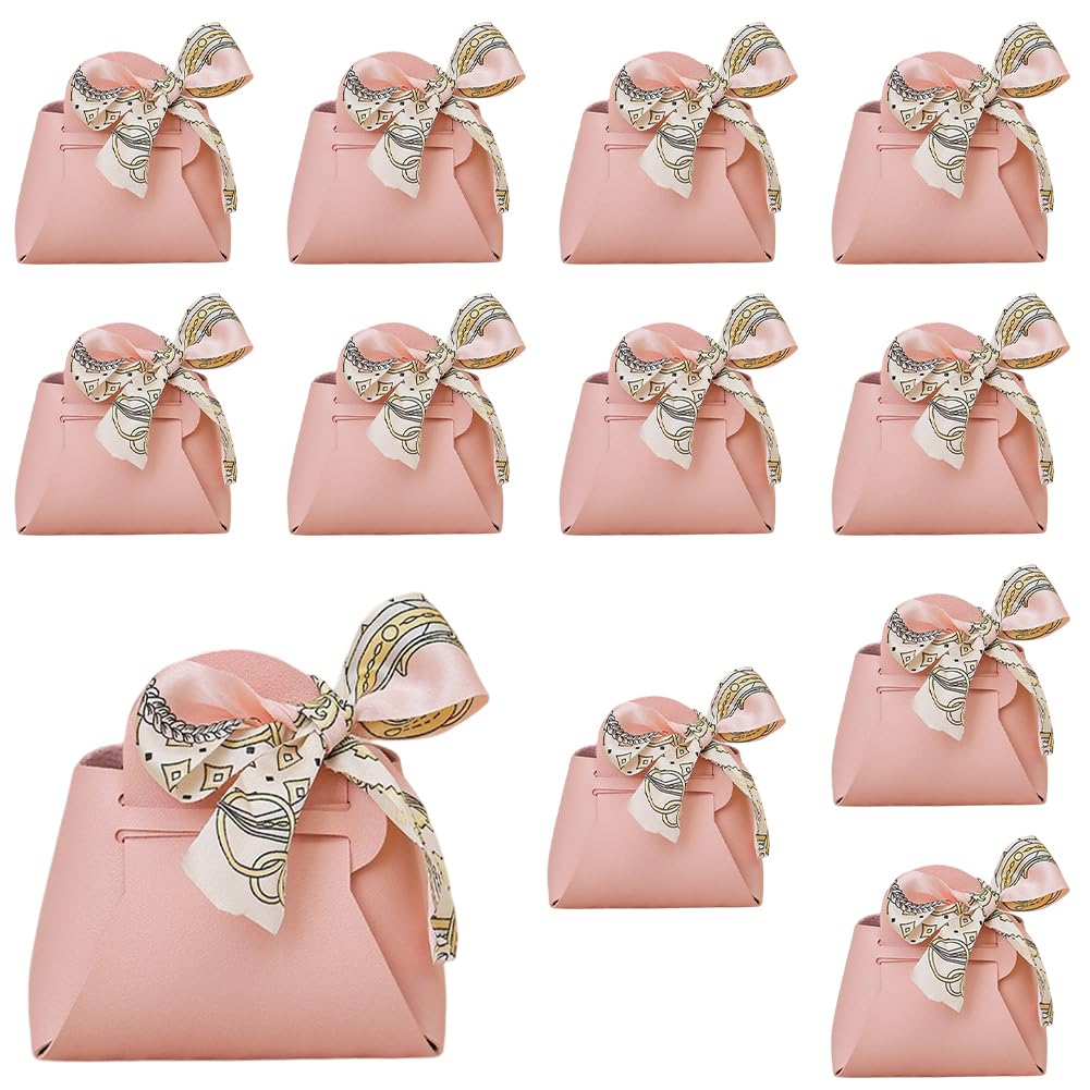 CALFOVERA 12 Pack Small Party Favor Boxes Reusable Faux Leather Gift Candy Wrapping Bags with Handle Ribbon Pink Mini Treat Handbags for Weddings Party Guest Gift Bridal Showers Birthday Halloween