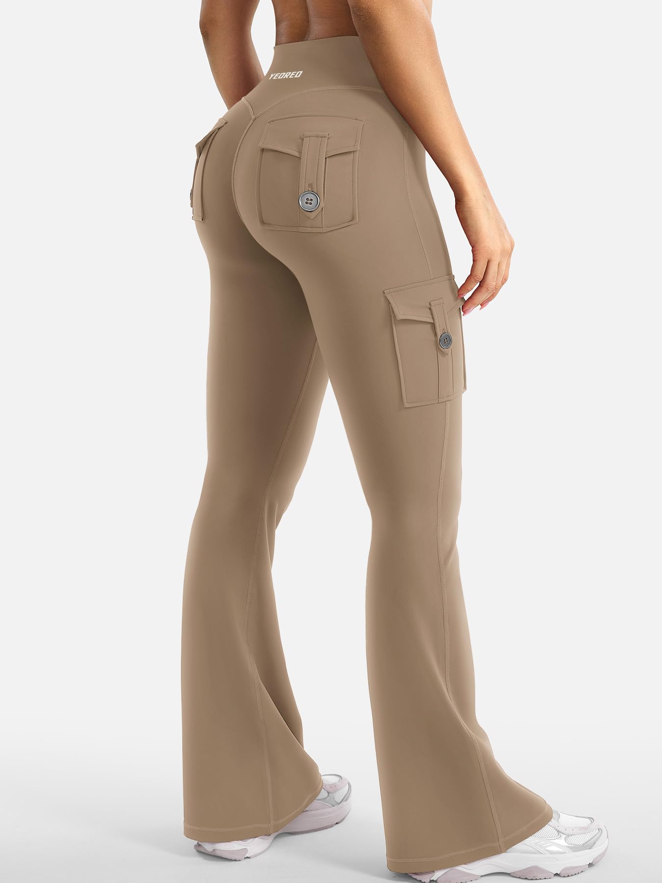 YEOREO CoreFlex Women Workout Flare Leggings with Pockets Hidden Scrunch High Waisted Cargo Gym Yoga Leggings Light Brown L