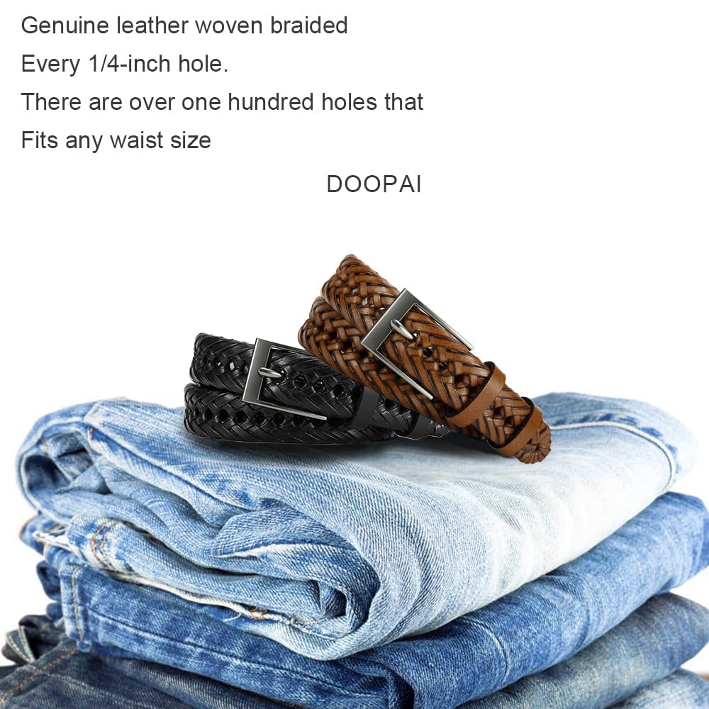 DOOPAI Men's Braided Leather Dress Belt - Comfort Fit, Adjustable Strap, Fashion Hand Woven - Brown Belt for Casual Dress Golf Jeans