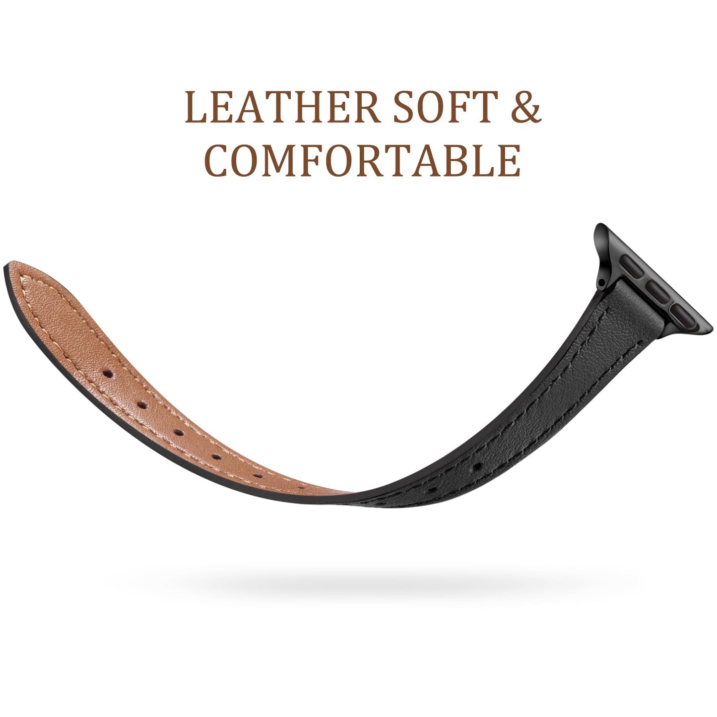 Charlam Slim Leather Band Compatible with Apple Watch Band 40mm 38mm 41mm 42mm 44mm 45mm 46mm Women,Top Grain Genuine Leather Strap Thin Wristband for iWatch Series 11 10 9 8 7 6 5 4 3 2 1 SE 3,Black