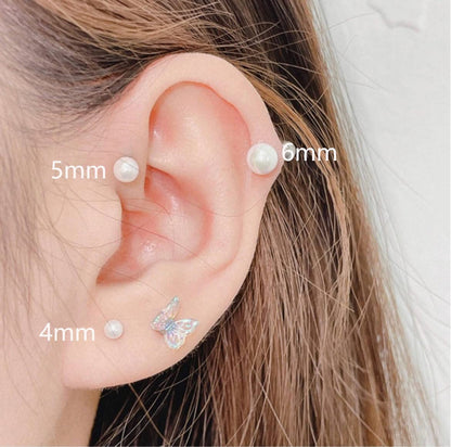 Tiny Pearl Screw Back Stud Earrings for Women,Safety Flatback Pearl Cartilage Helix Earrings 316L Surgical Stainess Steel Jewelry Gift For Toddlers Hypoallergenic(4mm Pearl, Gold)