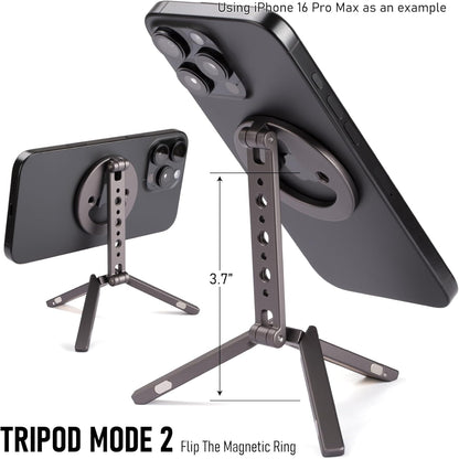 Magnetic Tripod for iPhone 12/13/14/15/16/17 & MagSafe Cases | Handy Phone Stand | 20 N52 Magnets Inside, Cold Shoe Mount, 1/4" Screw & Foldable Hook