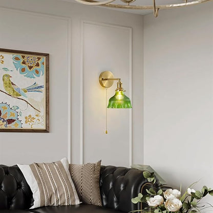 Vintage Wall Sconce 1 Pack, Flower Green Glass Shade Gold Wall Lamp with 12.6 Inch Cable Switch, Modern Bathroom Wall Sconces for Bedroom Corner Hallway
