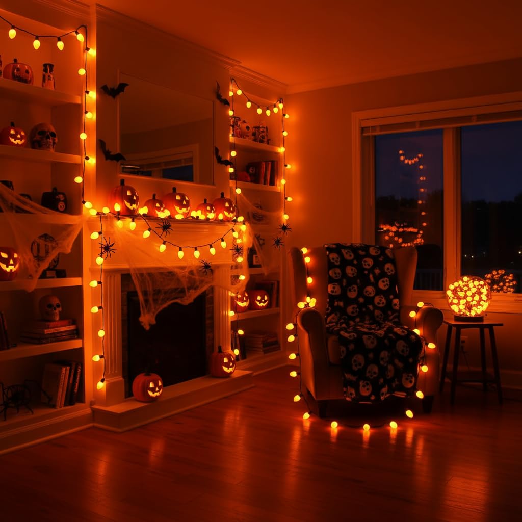Pallerina C9 LED Orange Halloween Lights, 25 Foot 26 Bulbs String Lights, 120V Energy Saving, IP44 Weather Resistant Connectable Lights for Patio, Roofline, Garden, Festival Decoration