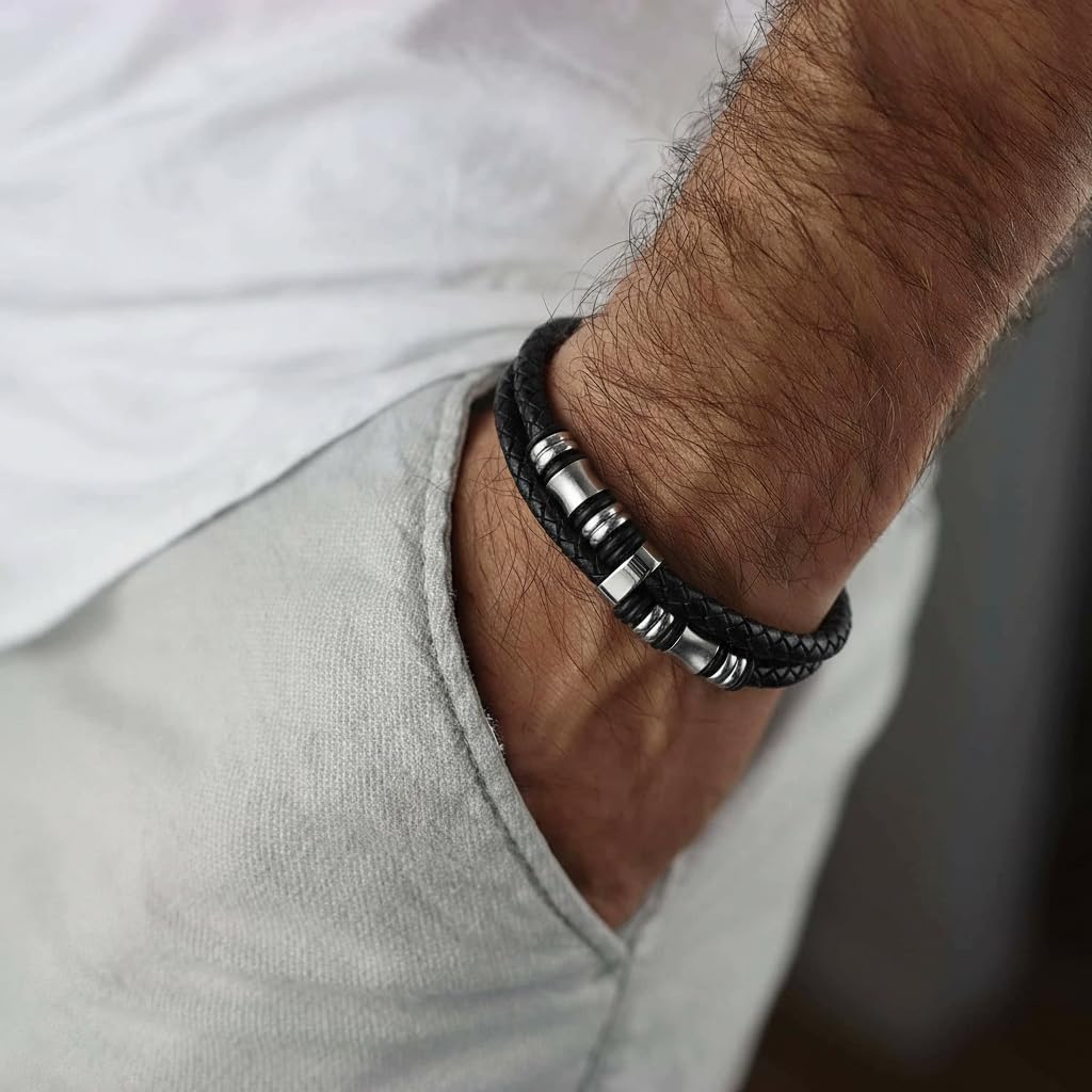 COOLSTEELANDBEYOND Men's Black Double Braided Leather Bracelet With Stainless Steel Barrel Beads, Layered Wristband With Clasp, Modern Minimalist Wrist Jewelry