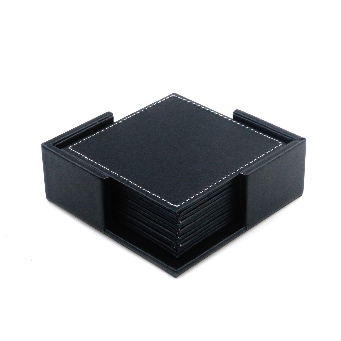 Semetall Drink Coasters 6 Pack Premium PU Leather Square Coasters for Drinks Heat Resistant Drinks Coasters with Coasters Storage Box Black Coaster Fit Common Size Drinking Glass(4"x4"x0.2")
