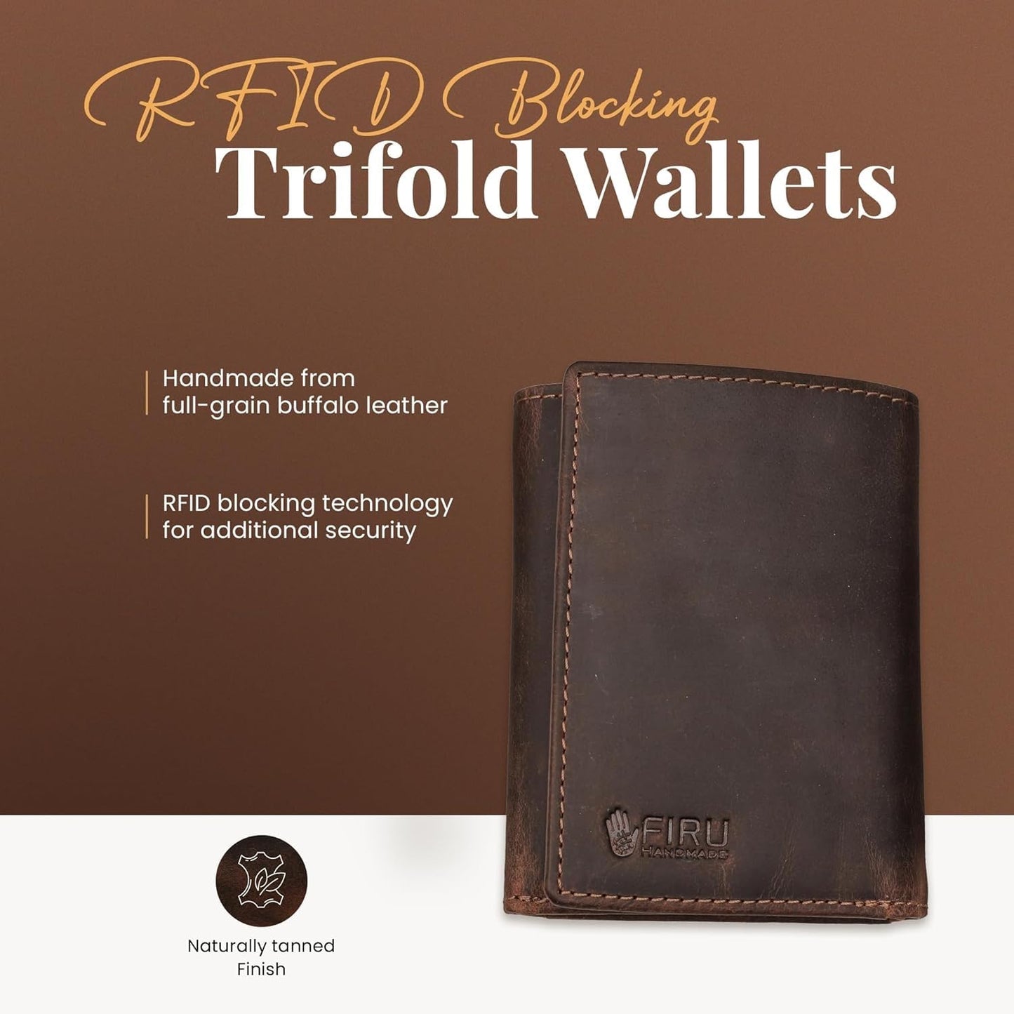 Firu-Handmade Genuine Leather Wallets for Men | RFID Blocking Trifold Wallet with 6 Card Slots, 2 Slip in Pockets and ID Window