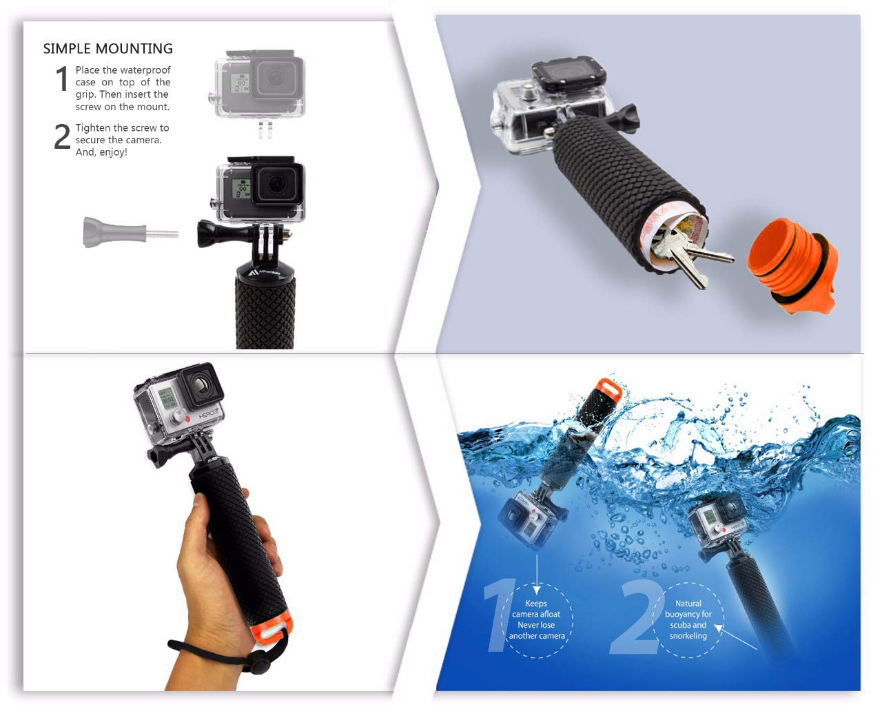 Floating Hand Grip Waterproof Monopod for GoPro Hero 13 12 11 10 9 8 7 6 5 4 3+ Session Black Silver Action Camera Handler & Handle Mount Accessories for Underwater Snorkeling & Water Sports (Orange)