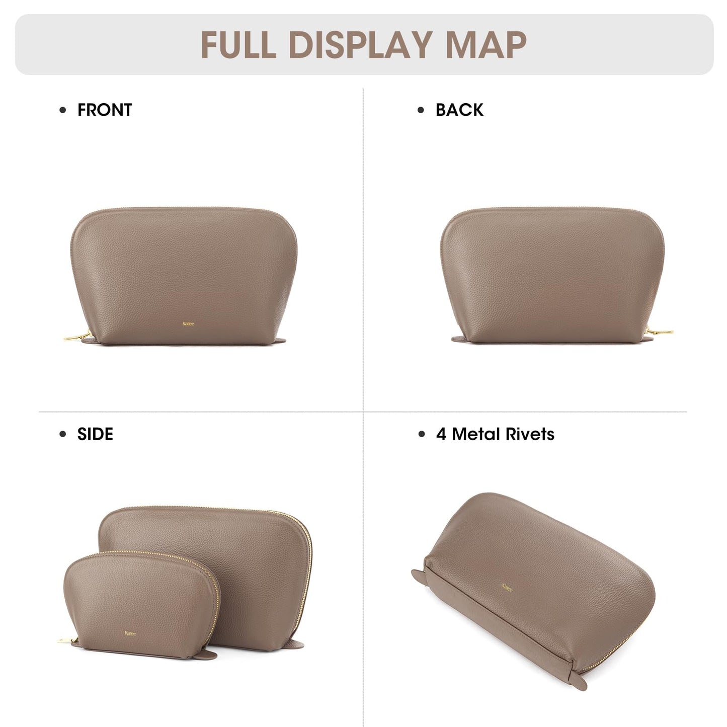 Kattee Leather Makeup Bag, Travel Cosmetic Bag Set, Toiletry Bag Organizer for Women, 2-PACK, Khaki