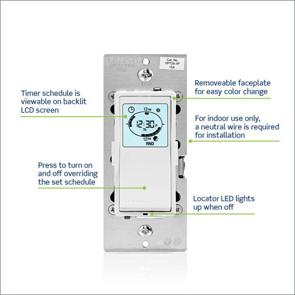 Leviton Decora Programmable and Astronomical Timer Switch for Lights and Motor Loads, Neutral Wire Required, Single Pole or 3-Way, VPT24-1PZ, White with Ivory and Light Almond Faceplates