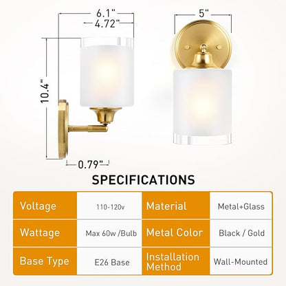 Gold Bathroom Wall Sconces Set of Two, Modern Vanity Light Fixtures with Frosted Glass Shade, Bathroom sconces wall decor set of 2 for Bedroom Living Room Mirror Hallway Kitchen(Bulbs Not Included)