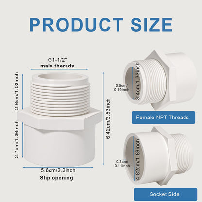 1.5 Inch Male Thread PVC Fittings White 2-Way PVC Pipe Coupling Adapter Connectors Coupling for 1-1/2 Inch Schedule 40 Pipe（2 Pack）