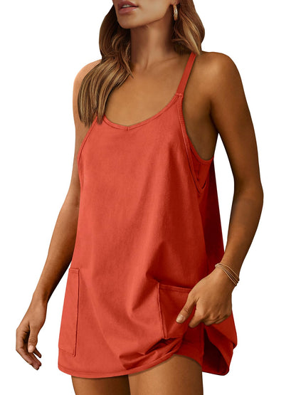 ANRABESS Women Athletic Dress Summer Tennis Workout Active Sports Mini Romper Dress Built in Shorts Travel Vacation Clothes Red X-Smal