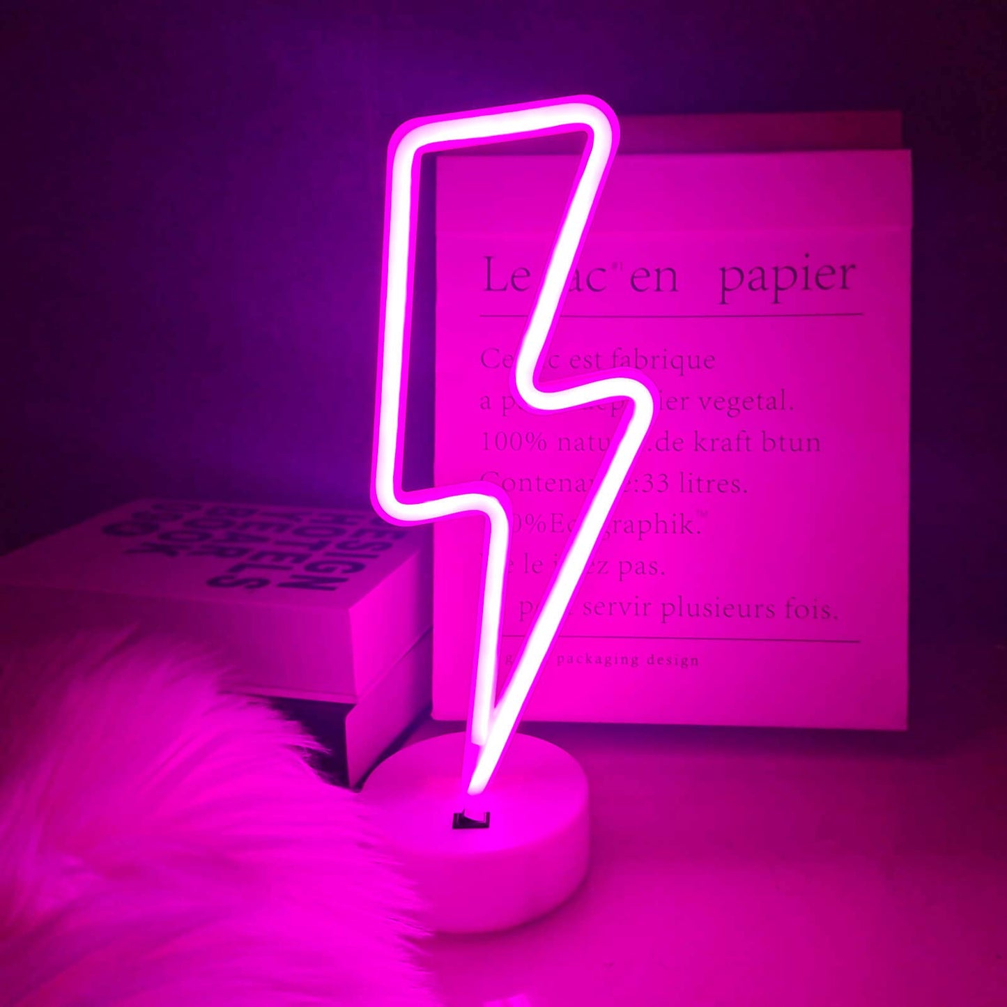 VIFULIN Pink Lightning Bolt Neon Sign, Aesthetic Room Decor for Bedroom, Battery/USB Operated LED Light with Base