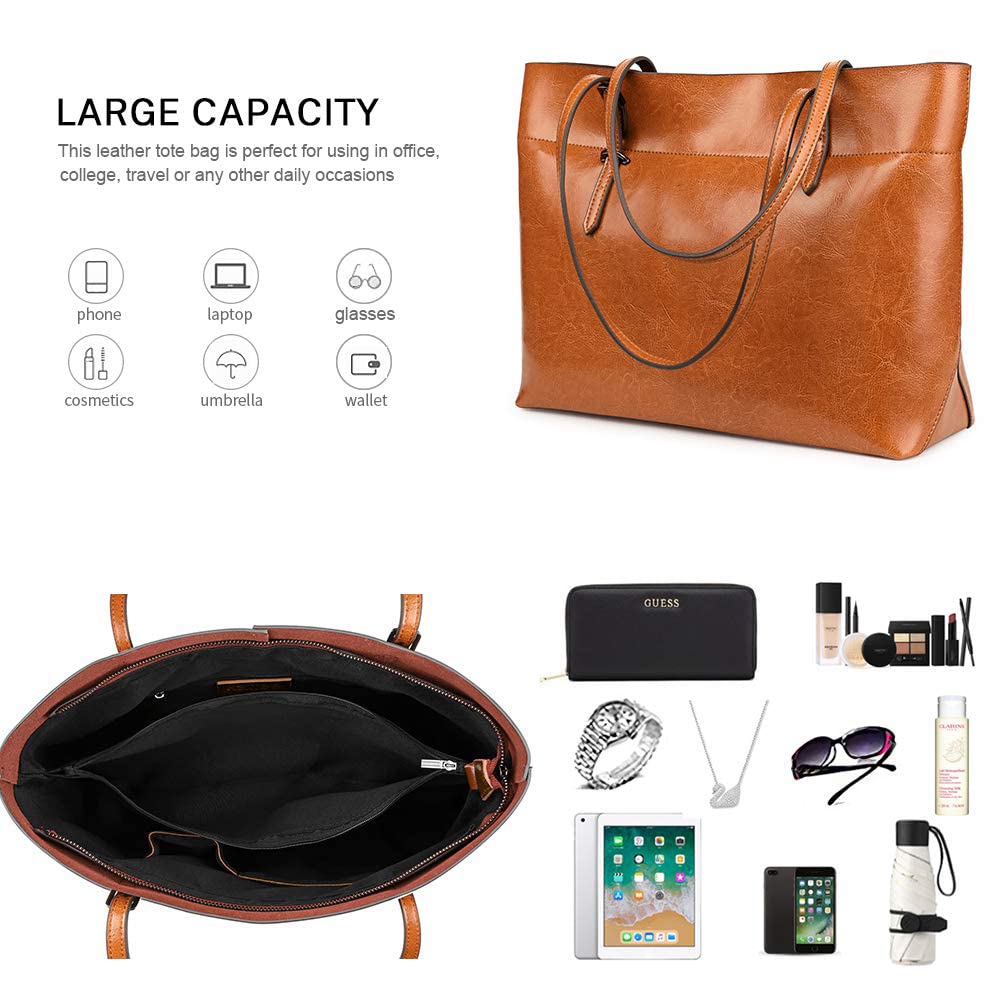 Kattee Vintage Genuine Leather Tote Shoulder Bag for Women Satchel Handbag with Top Handles (Light Brown)