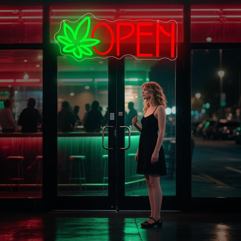 Green Leaf Neon Sign, Open Led Neon Light Signs for Wall Decor LED Light up Sign for Bar Home Beer Bar Pub Night Club Party Hotel Birthday Man Cave Club Pub Party Decor Gift USB Powered(16.2"*6.3")