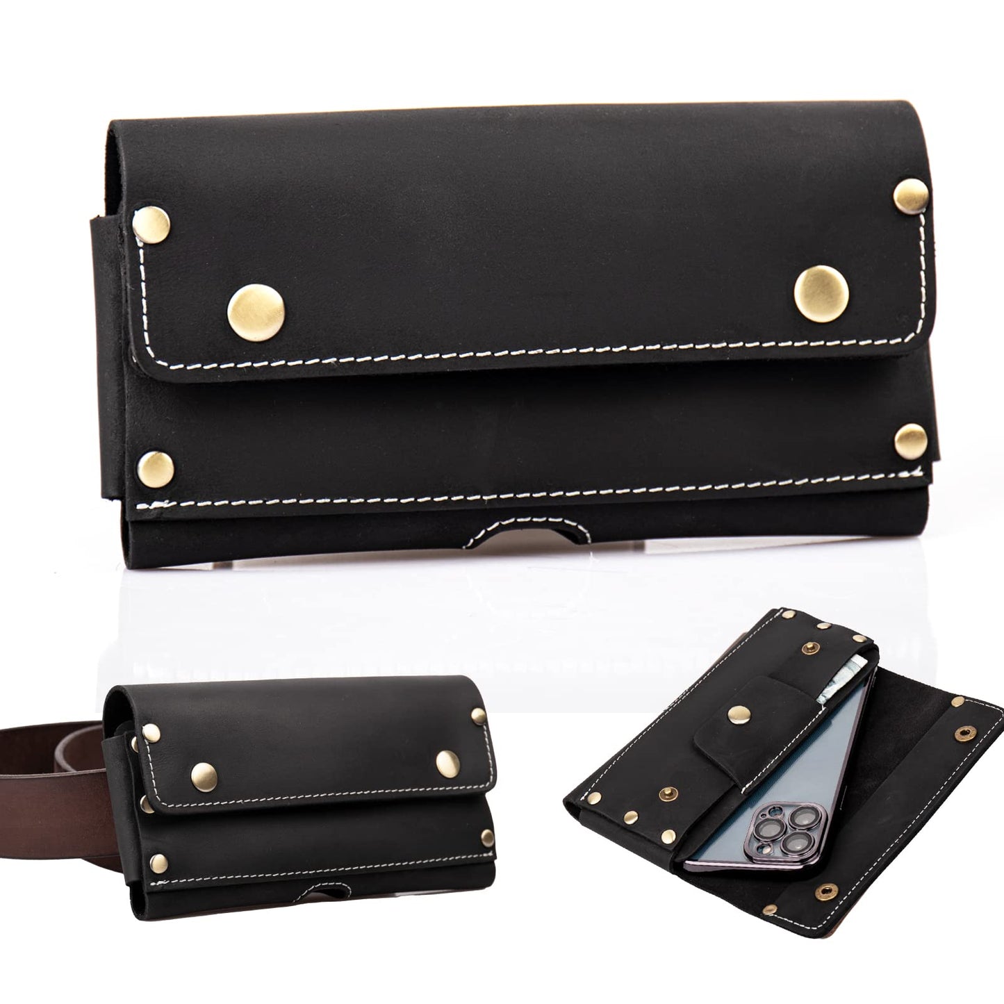 Topstache Leather Phone Holster with Belt Loop,Two Pockets Cell Phone Pouch, Leather Card Holder,Wallet for Cash and Phone, Phone Holder for iPhone 13 Pro Max,13 Pro,Black