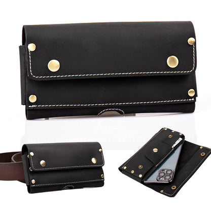 Topstache Leather Phone Holster with Belt Loop,Two Pockets Cell Phone Pouch, Leather Card Holder,Wallet for Cash and Phone, Phone Holder for iPhone 13 Pro Max,13 Pro,Black