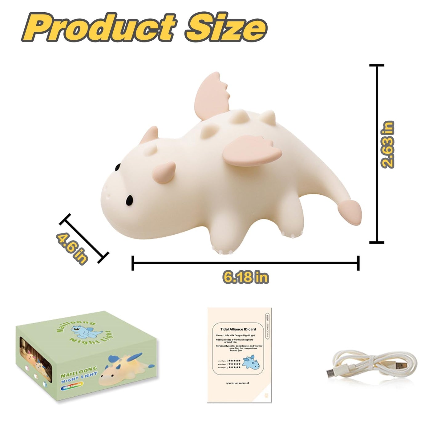 Yesinaly Cute Silicone Night Light for Kids - Touch Control LED Nursery Lamp for Baby Toddler Bedroom, Portable Battery Powered Nightlight for Nursery Nightstand - Dragon Design, Cream
