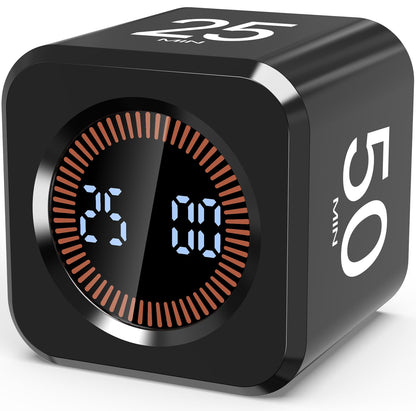 COWVTUJ Digital Pomodoro Timer Cube 5/10/25/50min, Visual Productivity Flip Timer for Kids Classroom Desk, Custom Countdown, Silent and Sound Mode for ADHD Study Work Game Kitchen (Black)