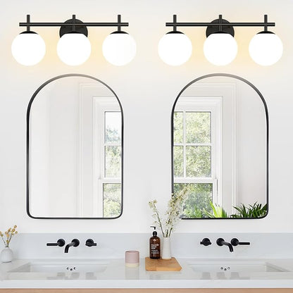 3-Light Bathroom Light Fixtures, Matte Black Vanity Lights for Bathroom with Milky White Glass Ball Shades, 18.9 inch Bathroom Lighting Fixtures Over Mirror, Wall Sconce for Bedroom (Exclude G9 Bulb)