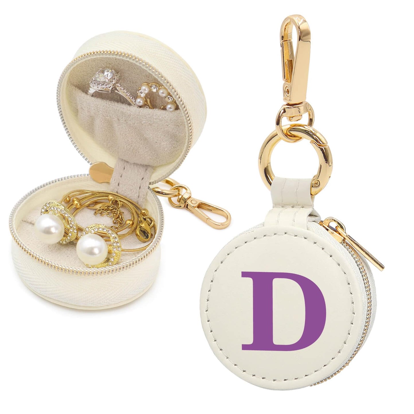 Mini Initial Travel Jewelry Case Ring Holder, Beige Faux Leather Small Jewelry Organizer Box Gifts for Women Girls Nurse Teacher, Gym Travel Accessories Keychain Pouch for Earrings Rings Necklace D