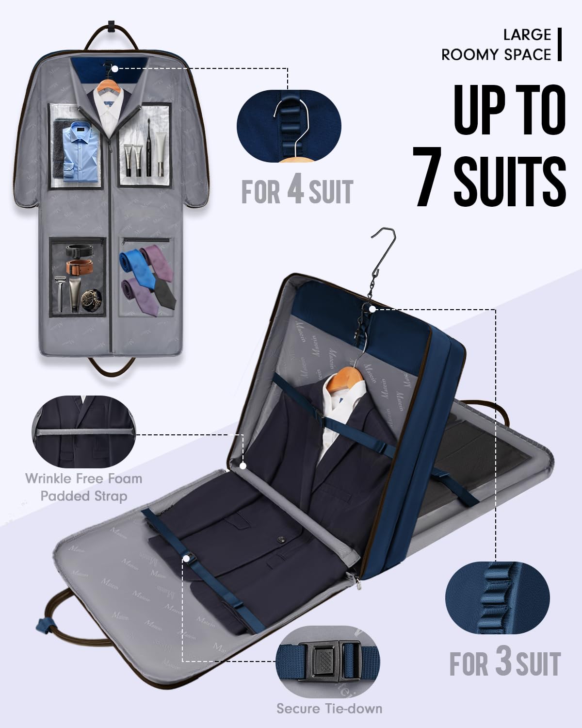 MATEIN Suit Bag Travel, Large Travel Garment Bag Up to 7 Suits with Strap, Business Foldable Garment Carrier Fit 17.3 inch laptop, 2 in 1 Carry On Hanging Luggage Suitcase with Shoe Compartment, Blue