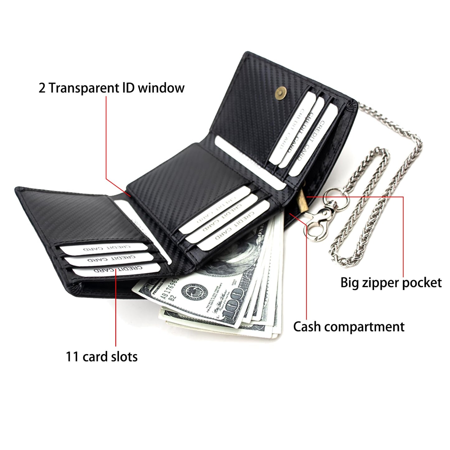 boshiho Real Leather RFID Blocking Bifold Wallets for Men Double Zipper Coin Pocket Purse with Anti-Theft Chain (#01 black)
