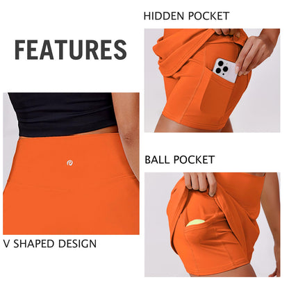 PINSPARK Tennis Skirts for Women High Waisted Athletic Skirt Quick Dry Golf Skort Lightweight Workout Skorts with Pockets Shorts, Orange XS