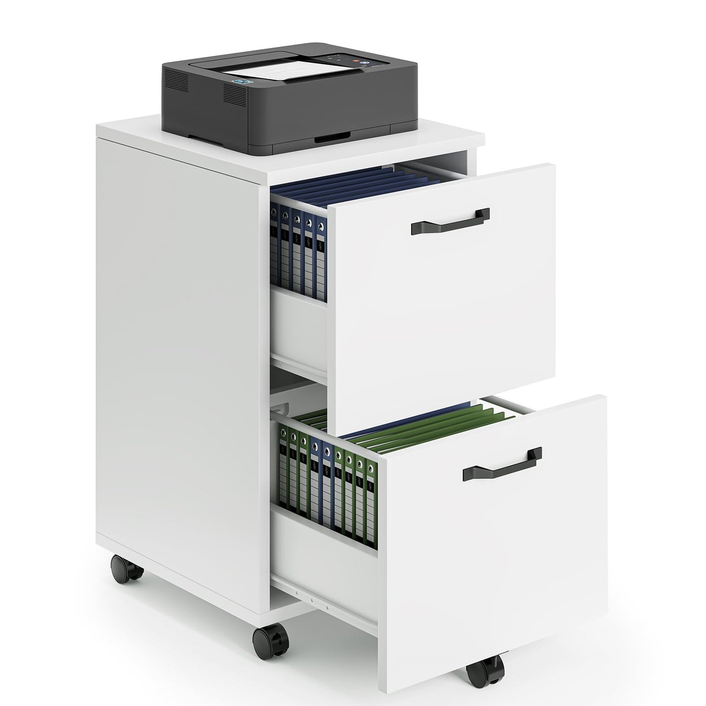 Sweetcrispy 2 Drawer Filing Cabinet White, Rolling Wood File Cabinets with Printer Stand Under Desk Storage Lockable Wheels, Home Office Organizer