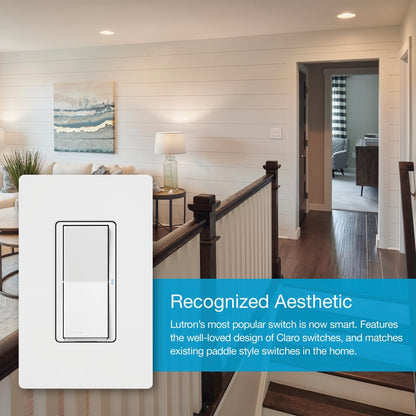 Lutron Claro Smart Light Switch for Caseta Lighting, for LED Lights, Fans, 5 Amp, Single-Pole/3-Way, Neutral Required, DVRF-5NSS-WH-2, White, 2 Pack